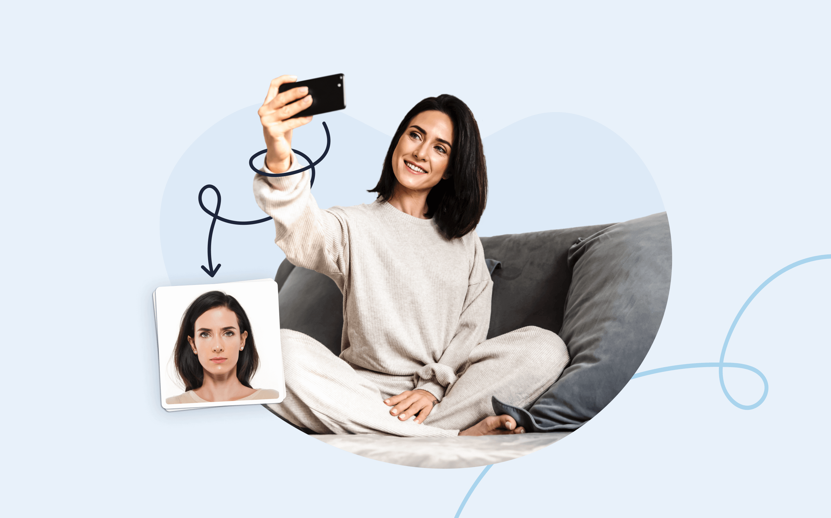 A woman sitting in an armchair with a phone in her hand. The woman is taking her own passport photo at home.