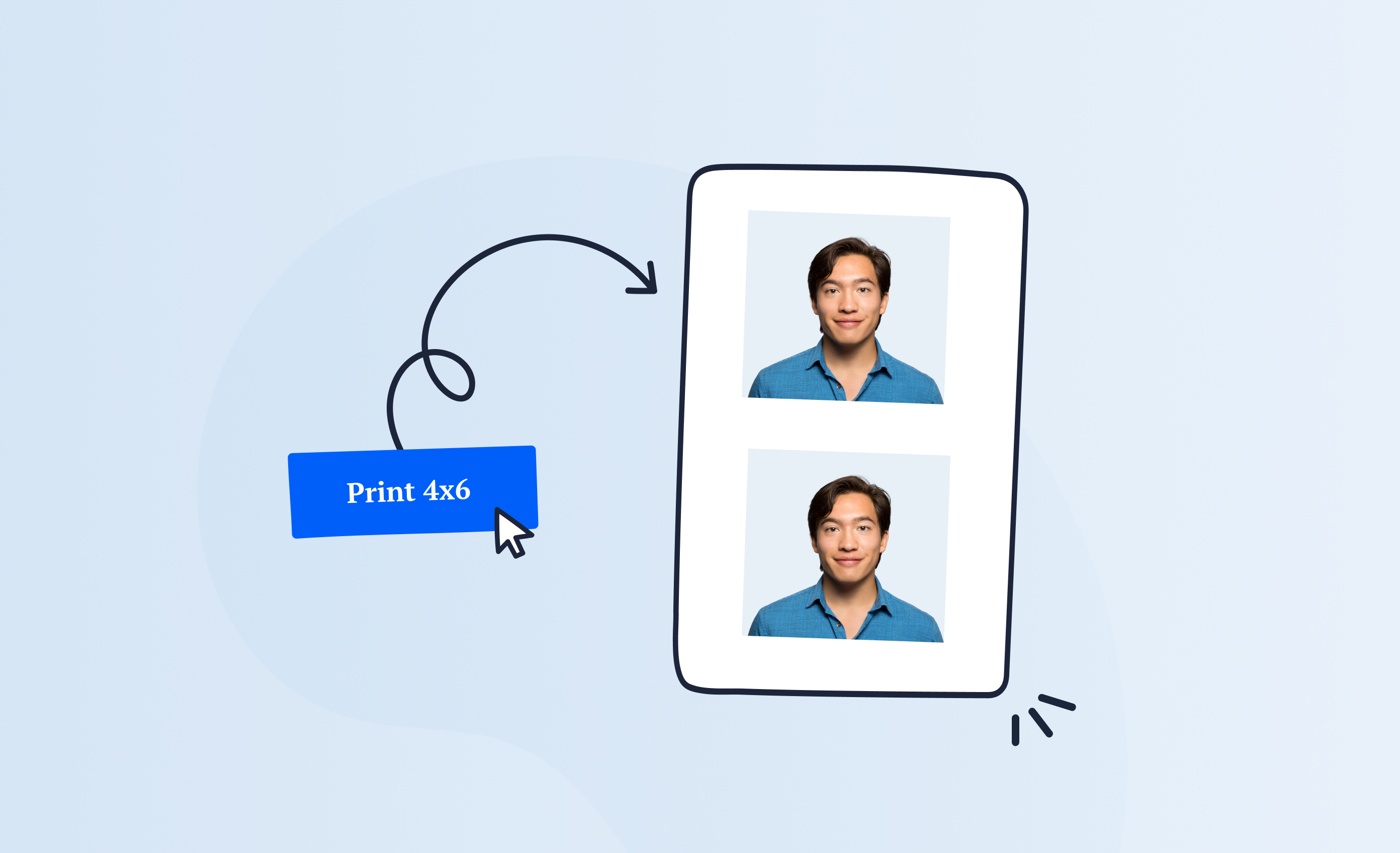 Two passport photos printed on 4x6 paper template.