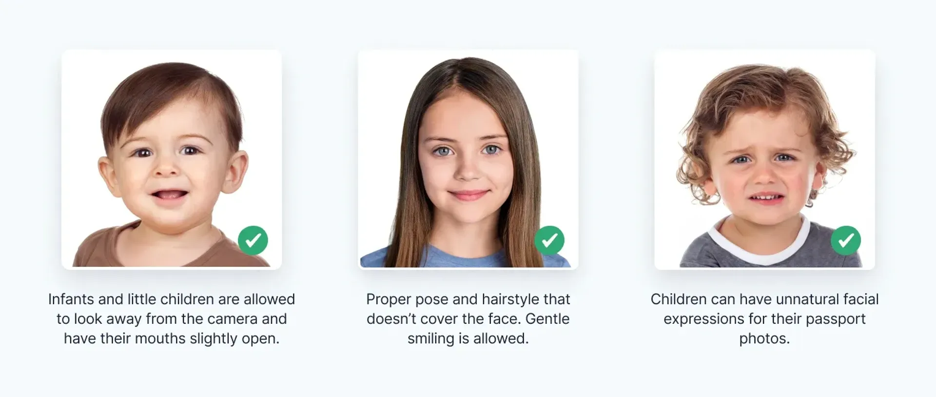 Examples of acceptable children’s passport photos.