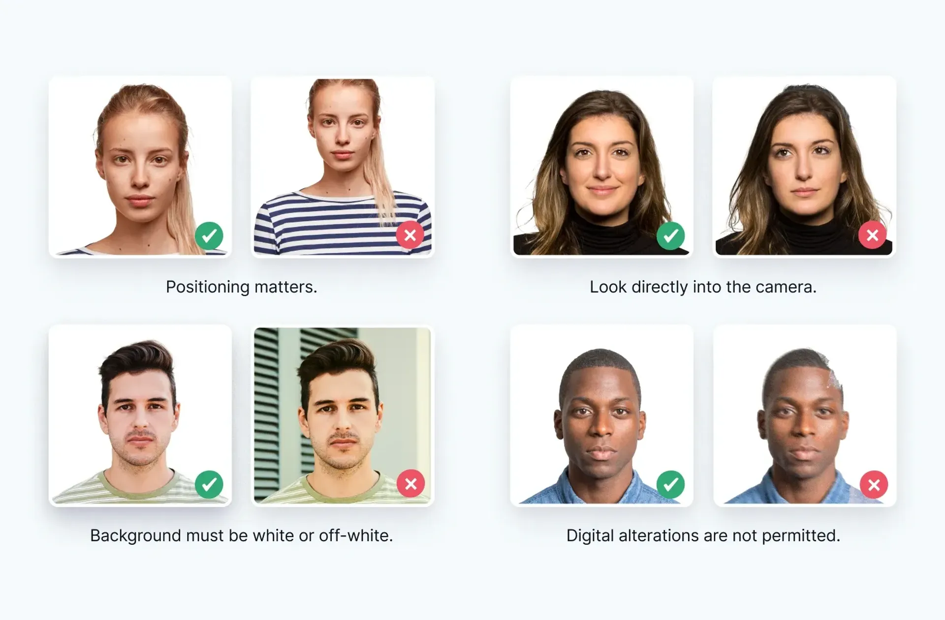 4 scenarios depicting digital passport photo do’s and don’ts.