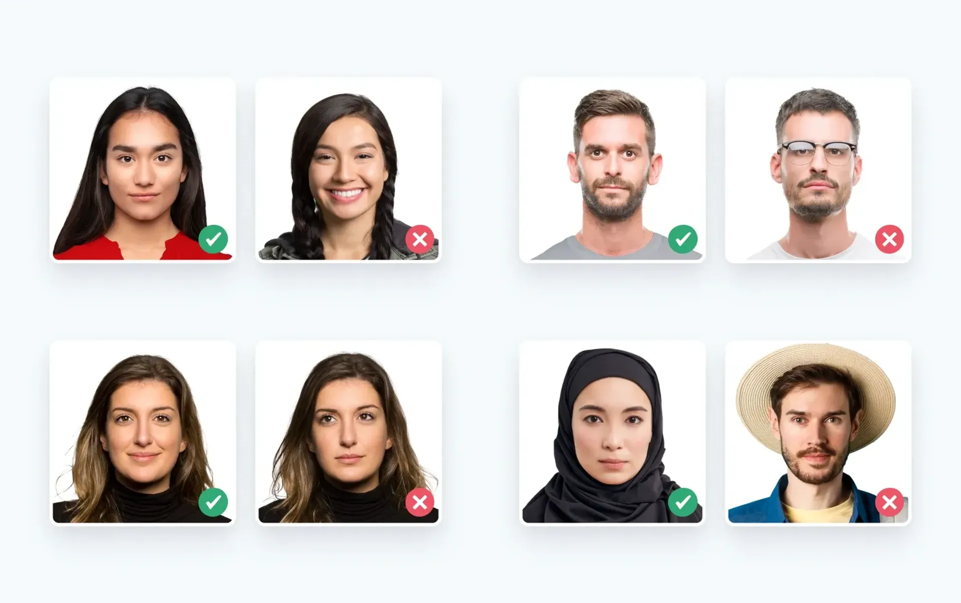 Examples of acceptable and unacceptable US visa photos.